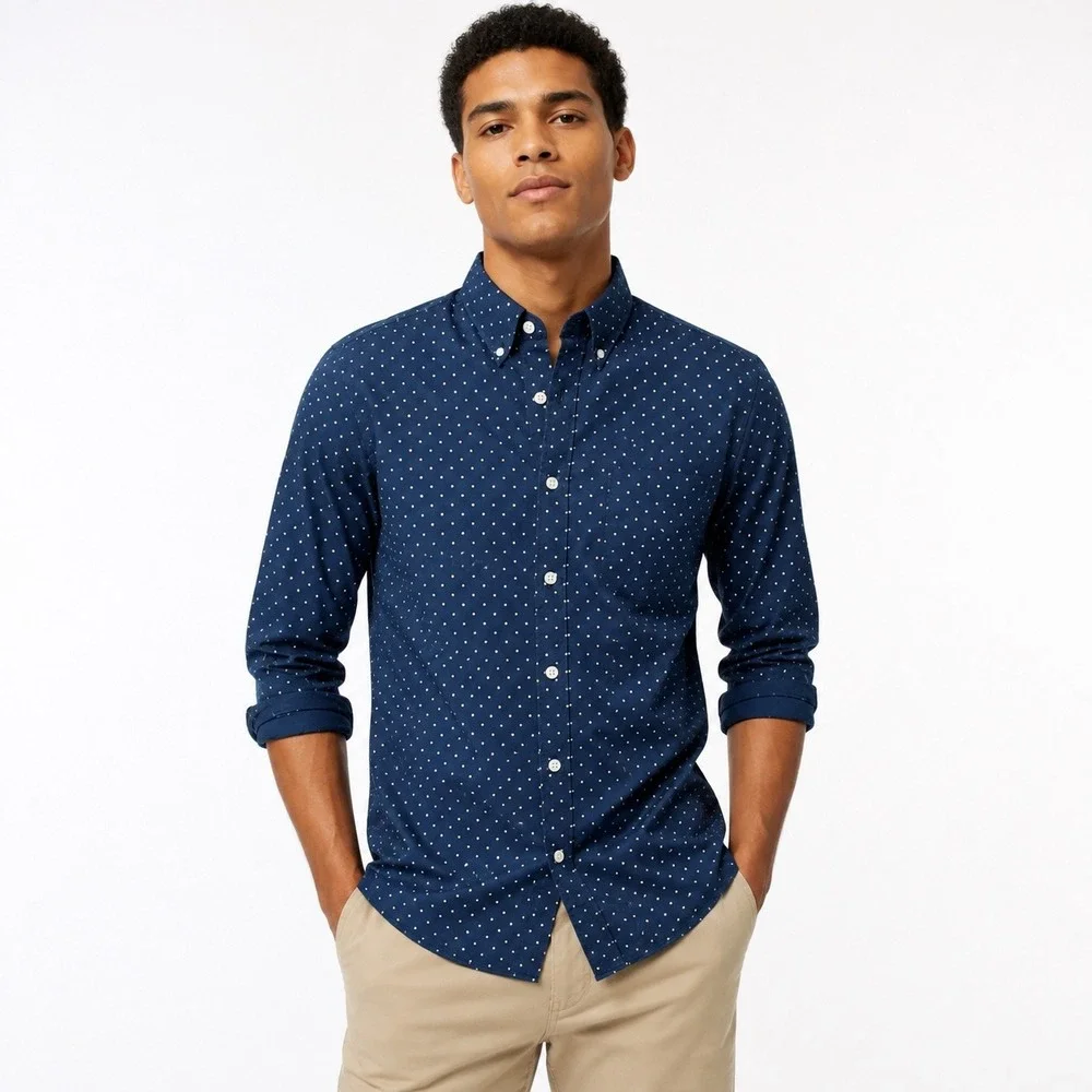 J. Crew Slim Untucked Secret Wash Shirt Navy Blue Polka Dot Organic Cotton Men M